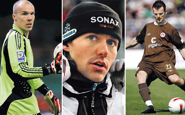 Wenn Leistungssport die Seele zerstört Der einstige Nationaltorwart Robert Enke (v. l.), Ski-Springer Sven Hannawald und Fußballer Andreas Biermann sind prominente Fälle von Spitzensportlern mit psychischen Problemen.