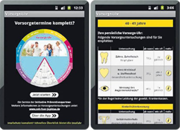 App zeigt an: Zeit für Vorsorge! Detailliert listet die Vorsorgeuhr von sanamedia die Bestandteile der Früherkennungsuntersuchungen auf.