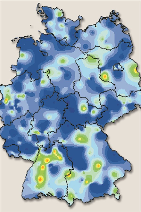 Altersgruppe 0 bis 4 Jahre: Zahl der SARI-Fälle weiter auf sehr hohem Niveau Die ARE-Aktivität liegt in zehn der zwölf erfassten Regionen im Bereich der ARE-Hintergrund-Aktivität. Rot: stark erhöht, Orange: deutlich erhöht, Gelb: moderat erhöht, Grün: gering erhöht, Blau: normal