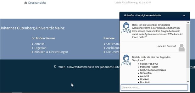 Uniklinik Mainz setzt gegen Patientenansturm auf Chatbot Die „Ärzte Zeitung“ im Corona-Chat mit „GutenBot“ der Unimedizin Mainz.