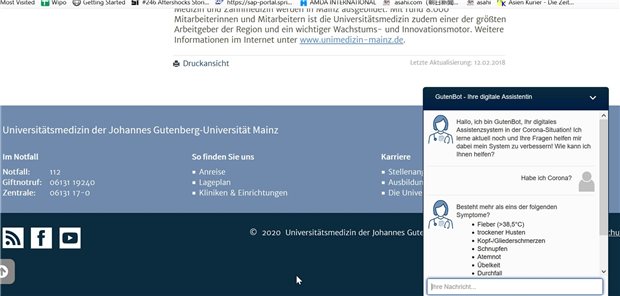 Unimedizin Mainz optimiert den Corona-Online-Helfer „GutenBot“ Die „Ärzte Zeitung“ im Corona-Chat mit „GutenBot“ der Unimedizin Mainz.