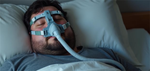 Übergewichtiger Mann mit CPAP-Maske.