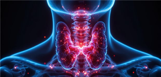 Darstellung einer Schilddrüse im Hals eines Menschen.