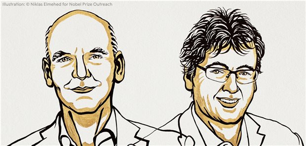 Chemie-Nobelpreis für Beschleunigung von Reaktionen Die Illustration zeigt Benjamin List (l) und David W.C. MacMillan, die diesjährigen Nobelpreisträger.
