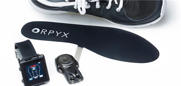 Die Schuheinlage mit Drucksensoren, Transmitter und Smartwatch. Orpyx Medical Technologies / Abbott / Manchester Metropolitan University