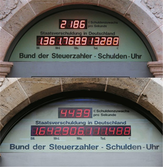 Rösler-Etat wächst wegen Steuerstütze für die GKV Die Schuldenuhr des Steuerzahler-Bundes - im Jahr 2004(oben) und 2009 - zeigt den "Fortschritt": Ein Schuldenplus von mehr als 300 Milliarden Euro. © imago