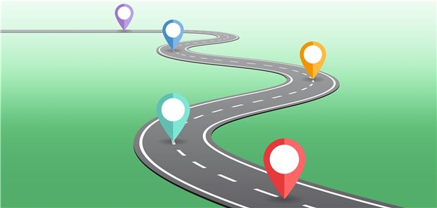Symbolbild: kurvige Straßen mit mehreren, verschiedenfarbigen Ortsmarkierungen als Darstellung von Zwischenstationen.