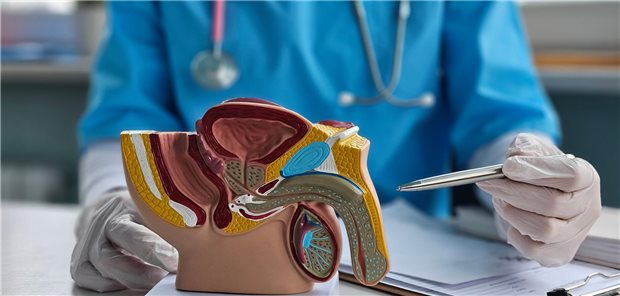 Ein Arzt der seinen Patienten mit Prostatakrebs anhand eines Penismodell die Erkrankung und die Behandlung erklärt.