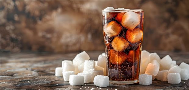 Ein Glas Limonade, in dem bis zum Rand Zuckerwürfel stecken.