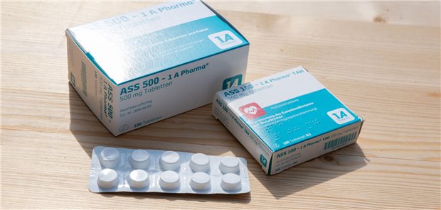 Medikamentenboxen ASS 500 und ASS 100, Acetylsalicylsäure-Tabletten von 1A Pharma.