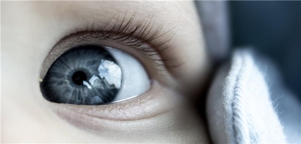 Ein Auge eines Kleinkinds in Nahansicht.