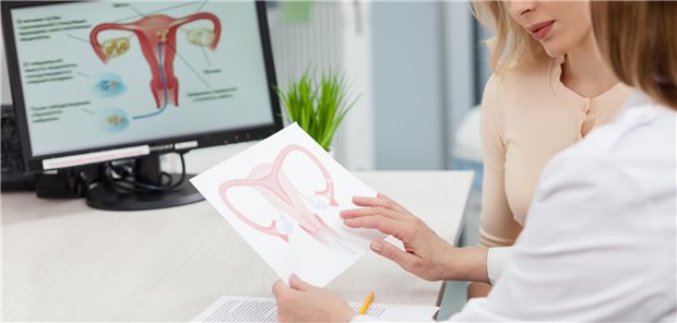 Eine Gynäkologin erklärt einer Patientin anhand eines Bildes der Gebärmutter die Ursachen ihrer Erkrankung und mögliche Behandlungstrategien.