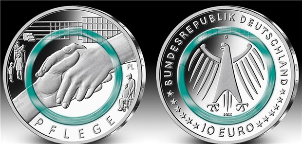Pflege-Beruf auf 10-Euro-Münze gewürdigt Die neue Sammlermünze „Pflege“.