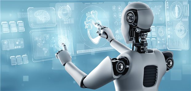 Umfrage unter Ärzten: Künstliche Intelligenz könnte die Diagnostik erleichtern Roboter steht vor medizinischen Grafiken