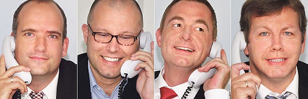 Diese Experten nahmen die Telefonanrufe entgegen (v.l.): Torsten Zierk (Anlage-Experte bei der apoBank), Peter Hartmann (Geschäftsführer ABV), Michael Mertz und Dieter Stroekens (beide sind Versicherungsexperten bei der apoBank).