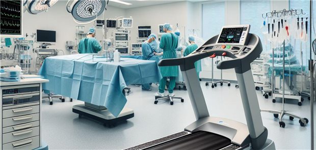 Ein Lauftrainer steht in einem Operationssaal, in dem eine Operation läuft.