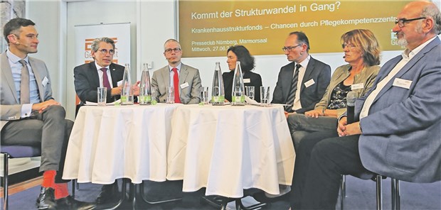 Kompetenzzentrum statt Klinik Diskutierten in Nürnberg die Möglichkeiten von Kompetenzzentren (v.l.): Prof. Andreas Beivers, Andreas Storm (DAK), Prof. Boris Augurzky (RWI), Kerstin Celina (MdL, Grüne), Bernhard Seidenath (MdL, CSU), Kathi Petersen (MdL, SPD) und Professor Peter Bauer (MdL, Freie Wähler).