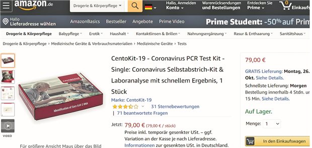 Corona-Testkit auf Amazon ruft Wettbewerbszentrale auf den Plan Ein Screenshot des Angebots auf Amazon.