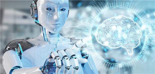 Der Nutzen der Künstlichen Intelligenz – und ihre Nebenwirkungen Symbolbild: Humanoider Roboter ruft digitale künstliche Intelligenz aus einem 3D-Hologramm ab.
