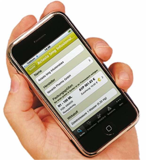 Der App-Store hat auch Gesundheit im Regal Ein iPhone liegt gut in der Hand. Hier mit einem Arznei-App von ifap.