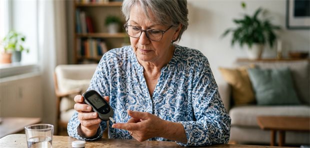 Medikation des Typ-2-Diabetes wird im Alter zu selten angepasst Eine Frau sitzt am Tisch und misst ihren Blutzucker am linken Zeigefinger.