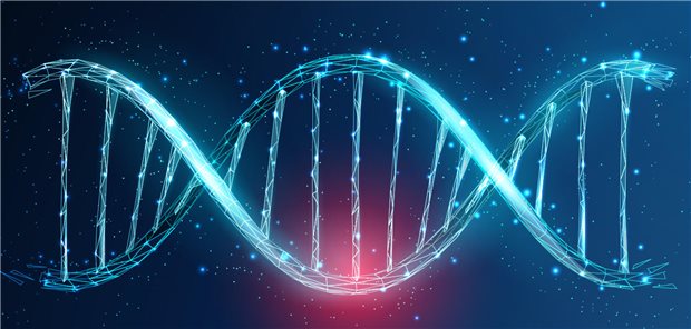 Dreidimensionale DNA-Molekül Helix mit einem rotem Fleck, der eine genetische Mutation symbolisieren soll.