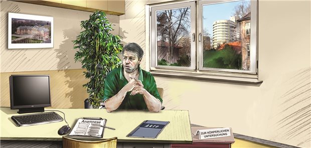 Eine INMEDEA-Fallsimulation mit der Szene eines Anamnesegesprächs in der virtuellen Klinik für Psychosomatik & Psychotherapie.