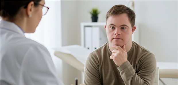 Ein Mann mit Down-Syndrom sitzt im Arztzimmer, vor ihm sitzt eine Ärztin. 