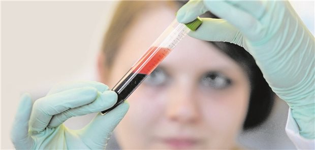 Eine Medizinisch-Technische Assistentin mit der Blutprobe einer schwangeren Frau