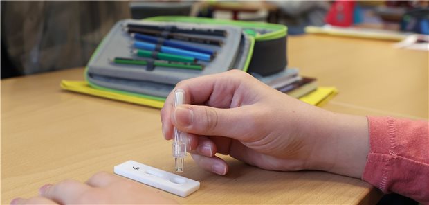 Kinderärzte gegen regelmäßige Corona-Selbsttests bei Schülern Eine Schülerin träufelt in einem Klassenraum eine Lösung nach einem selbst durchgeführten Corona-Test auf einen SARS-CoV-2-Antigentest. Pädiater lehnen regelmäßige Schnelltests allerdings ab.