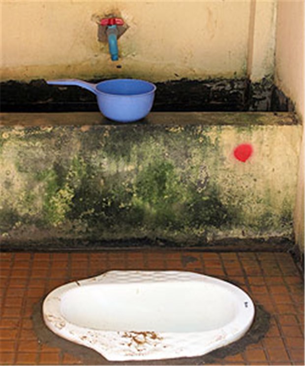 Klobürste im Schulalltag Eine der alten Toiletten an der Chreav-Grundschule in Siem Reap in Kambodscha.