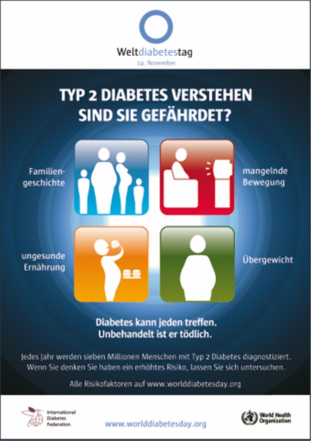 Am Samstag steht Diabetes weltweit im Fokus Eines von drei Plakaten, mit denen morgen am 14. November aufgeklärt wird.