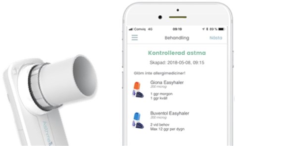 Mit App unkontrolliertes Asthma besser im Griff Einkabelloses Spirometer und ein Smartphone mit der App „AsthmaTuner“.