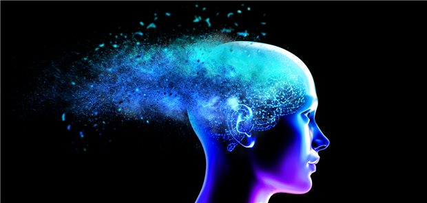 Das Bild einer Frau, auf dem zu sehen ist, wie eine Wolke aus dem Gehirn strömt.