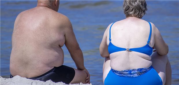 Übergewichtiges Ehepaar sitzt am Strand