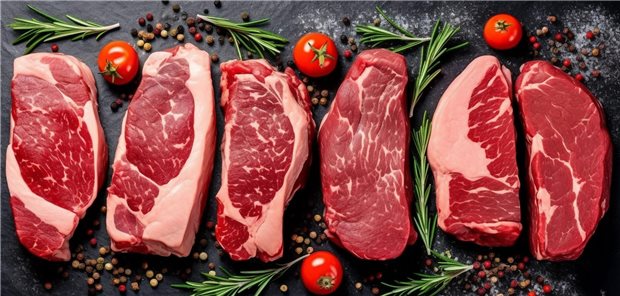 Sechs Steaks liegen nebeneinander auf einer Steinplatte.