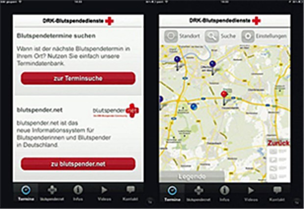 Blutspende-App mit Mehrwert für die Praxis Für jede Terminsuche kann die GPS-Ortung genutzt werden. Aber auch, wer Suchorte eintippt, kann sich Spendepraxen auf der Karte zeigen lassen.