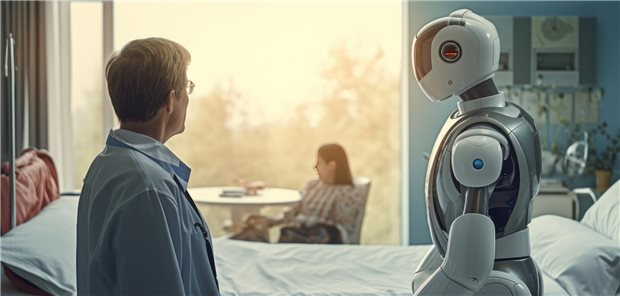 Roboter und Arzt stehen am Patientenbett