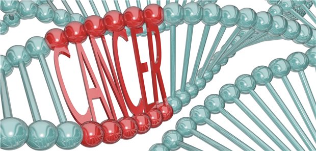 Krebs-Mutationen mit neuer Technik auf der Spur Schematisch dargestellte DNA; die Verbindung der beiden Stränge ist an einer Stelle rot hervorgehoben. Hier wurden die einfachen Linien durch Buchstaben ersetzt, die das Wort "CANCER" bilden.