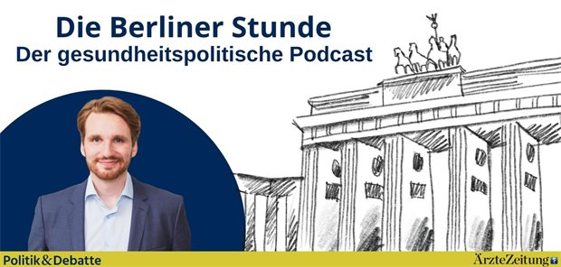 Titelbild zum Podcast: Die Berliner Stunde. Links im Bild ist Sascha Raddatz  auf einem blauen, runden Hintergrund zu sehen. Rechts im Bild befindet sich eine skizzenartige Darstellung des Brandenburger Tors. 