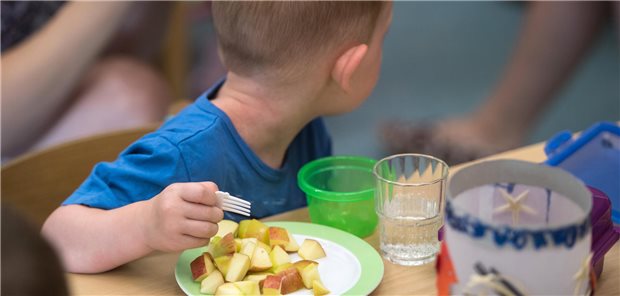 Ein Junge ist einen zerlegten Apfel.