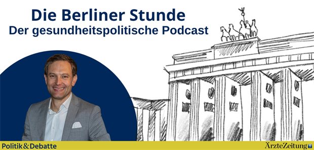 Titelbild zum Podcast: Die Berliner Stunde. Links im Bild ist Prof. Andreas Beivers auf einem blauen, runden Hintergrund zu sehen. Rechts im Bild befindet sich eine skizzenartige Darstellung des Brandenburger Tors. 