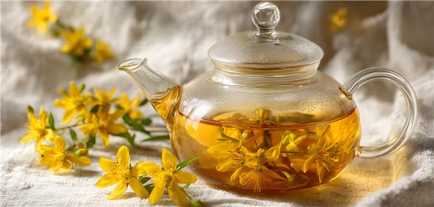 Glass teapot filled with golden herbal tea brewed with blooming St. John’s wort flowers, placed on a soft fabric background in warm natural light