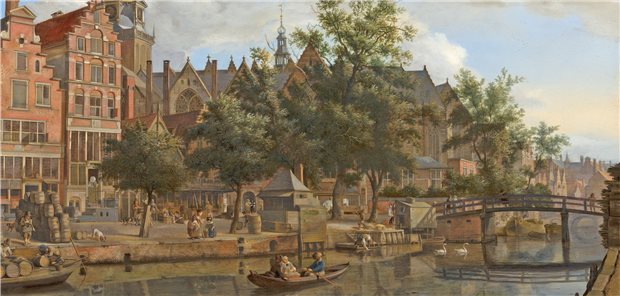 Wie roch das 17. Jahrhundert? – Museum lässt Sinne verschmelzen Grachten-Idylle mit Jauche und Klohäuschen: Jan van der Heydens Gemälde „Gezicht op de Oudezijds Voorburgwal met de Oude Kerk in Amsterdam“ aus dem Jahr 1670, ausgestellt im Museum Mauritshuis in Den Haag.
