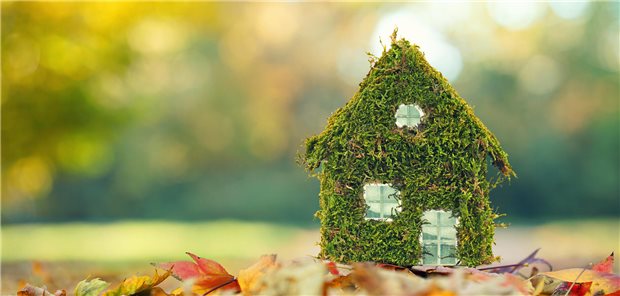 Neuer Leitfaden zu mehr Nachhaltigkeit in Arztpraxen Ein Haus Haus aus Blättern.
