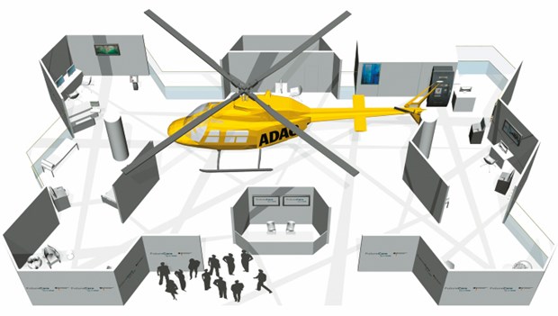 Grundriss der Sonderschau FutureCare in Halle 8 des Messegeländes in Hann over: Spektakulärstes Ausstellungsobjekt wird der Rettungshubschrauber des ADAC sein. © BITKOM