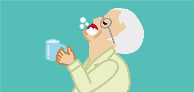 Comic einer älteren Person die gurgelt. 