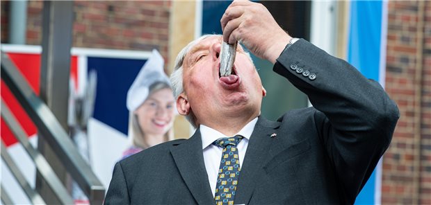 Niederlande schenkt Münster 4000 Matjes zum Dank Guten Appetit: Karl-Josef Laumann (CDU), Minister für Arbeit, Gesundheit und Soziales des Landes NRW, isst einen der übergebenen Matjes.
