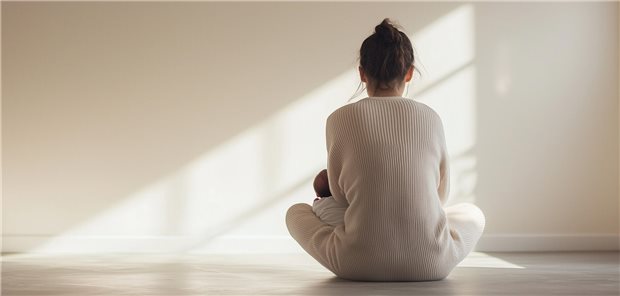 Eine Frau mit Neugeborenem auf dem Schoß sitzt mit dem Rücken zur Kamera.
