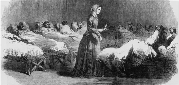 In der Pflege sind Profis, nicht Engel gefragt Illustration aus dem Jahr 1855 der Arbeit von Florence Nightingale, auch Lady mit der Lampe genannt, im Krankenhaus.